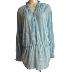 Michel Studio Long Sleeved Ruffle Collar Slerved Eggshell Blue Button Blouse 18